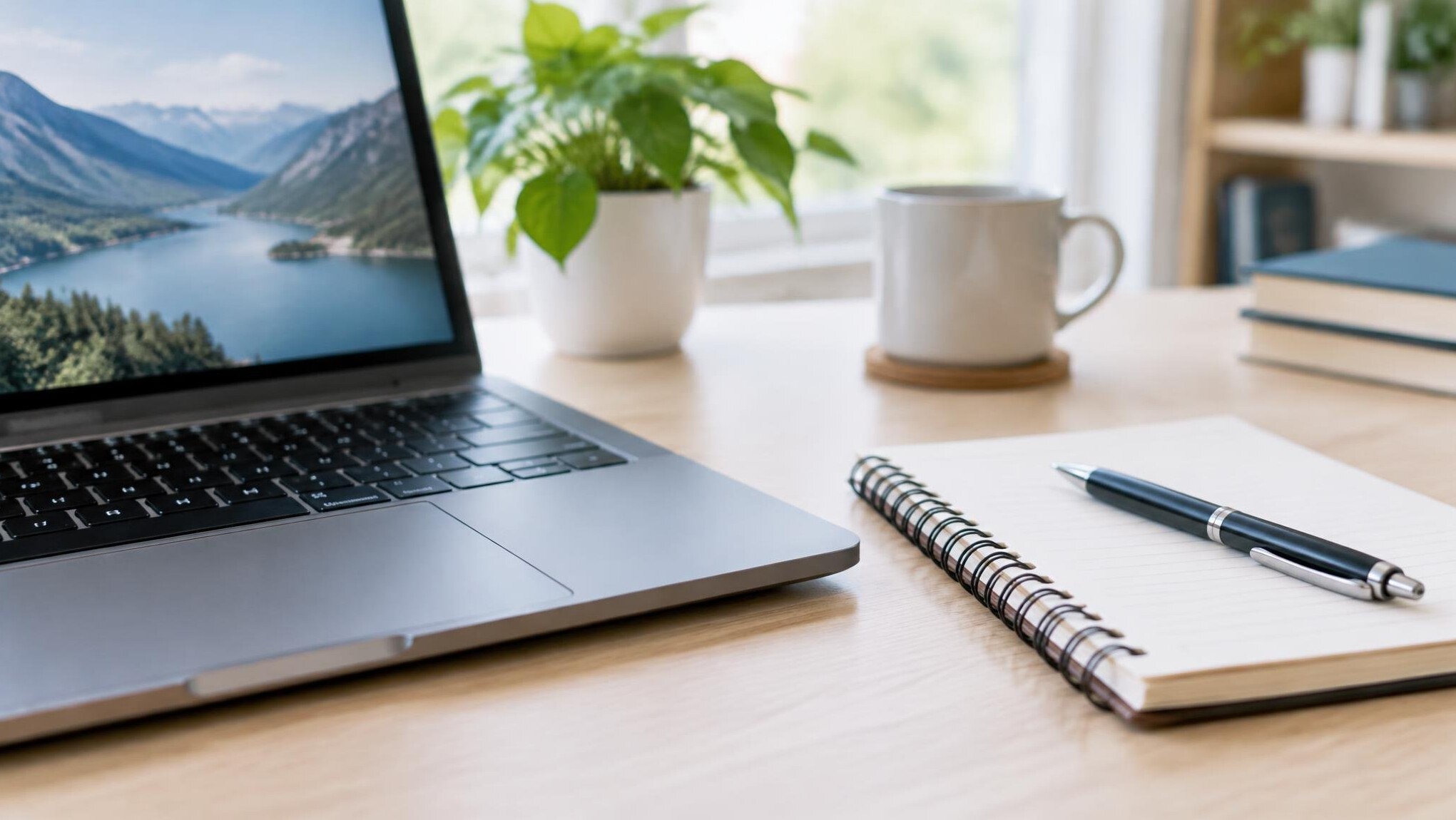 Laptop and notebook on a table close up