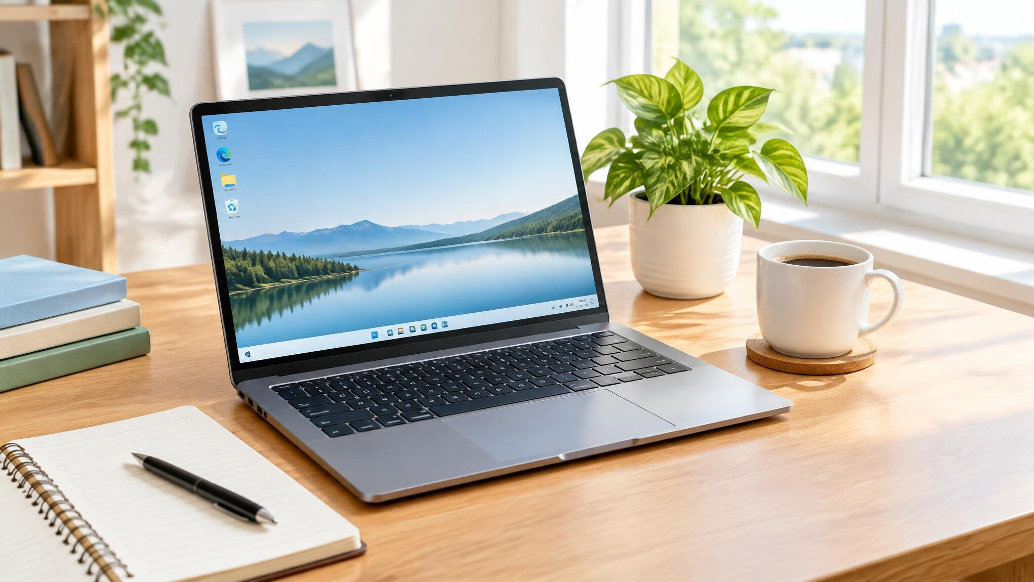 Open laptop on a bright desk with notebook and coffee cup