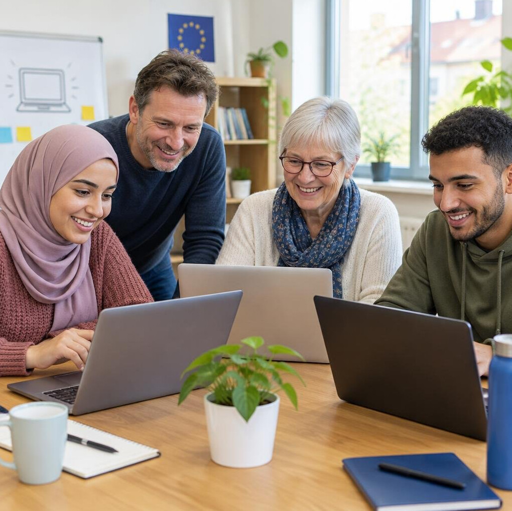Small group of adults learning together around a table with laptops