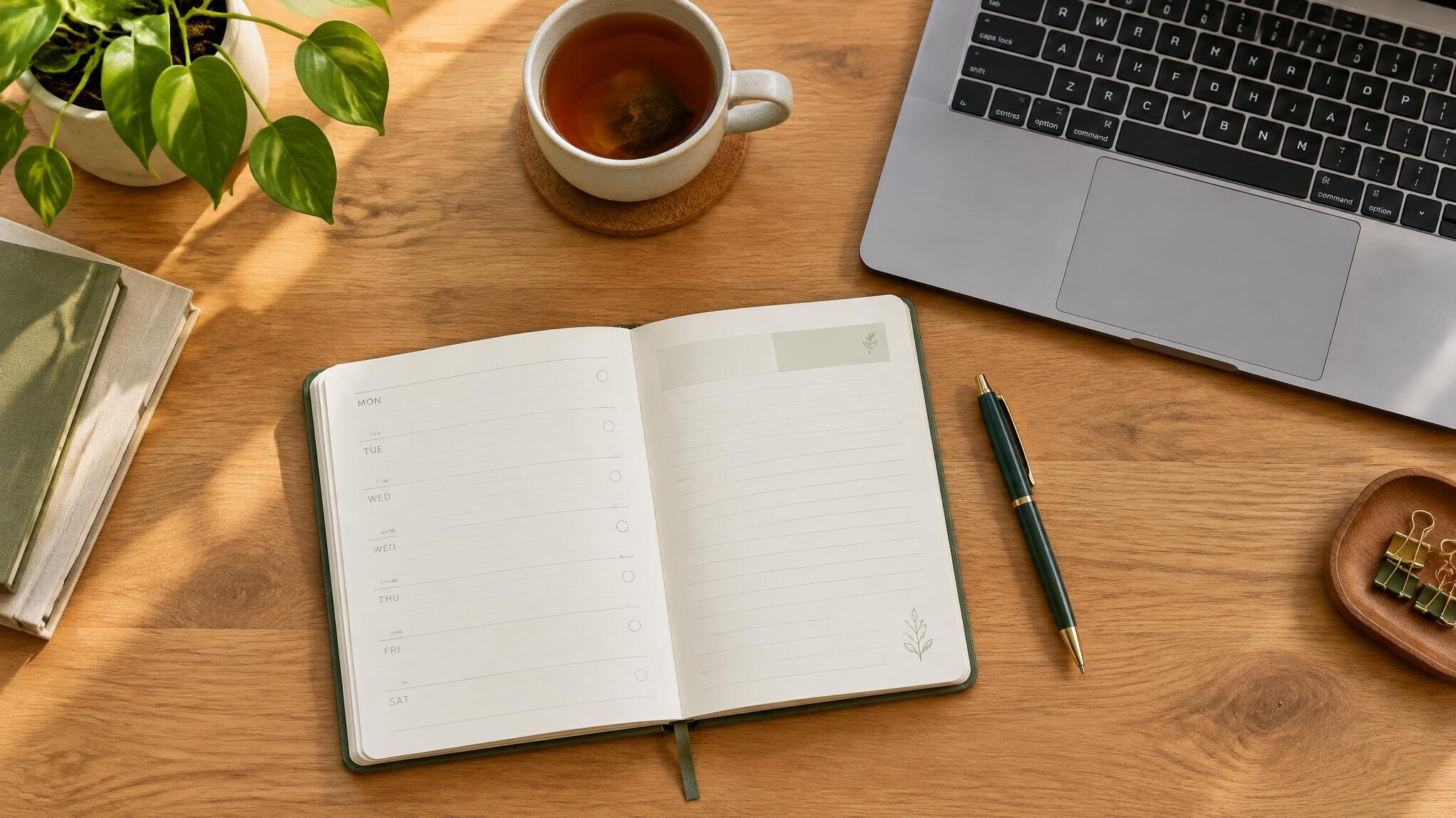 Desk with planner notebook and laptop